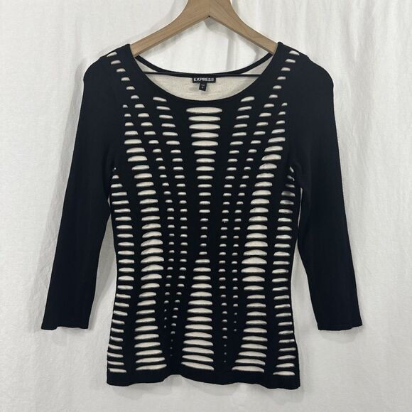 Express Cutout 3/4 Sleeve Black White Stretch Sweater Y2K Grunge Womens Size S - Picture 1 of 10